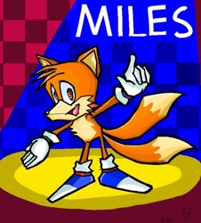 Size: 856x948 | Tagged: safe, artist:rhedmoz, miles "tails" prower, 2022, abstract background, alternate eye color, blue shoes, brown eyes, character name, mouth open, open smile, pointing, signature, smile, smiling at viewer, solo, standing