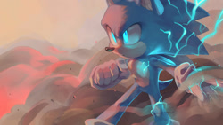 Size: 1920x1080 | Tagged: safe, artist:stardust-dreamii, sonic the hedgehog, sonic the hedgehog (2020), 2020, abstract background, clenched fist, electricity, glowing eyes, lineless, looking offscreen, solo, standing