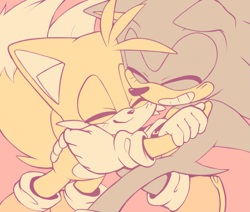 Size: 1149x976 | Tagged: safe, artist:stardust-dreamii, miles "tails" prower, sonic the hedgehog, 2018, clenched teeth, cute, duo, eyes closed, flat colors, hugging, pink background, simple background, smile, sonabetes, tailabetes