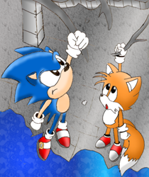 Size: 508x604 | Tagged: safe, artist:mephilez, miles "tails" prower, sonic the hedgehog, sonic the ova, 2010, abstract background, base used, classic sonic, classic tails, cute, duo, frown, holding something, looking up, mouth open, outdoors, redraw, tailabetes, water
