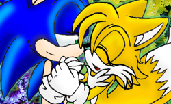 Size: 900x546 | Tagged: safe, artist:mephilez, miles "tails" prower, sonic the hedgehog, 2010, abstract background, base used, duo, eyelashes, eyes closed, holding hands, lidded eyes, looking at them, smile, standing