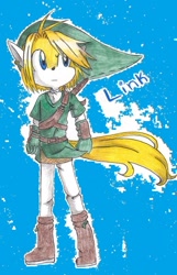 Size: 716x1115 | Tagged: safe, artist:lustchibi, 2011, barely sonic related, blue background, character name, crossover, frown, link (loz), looking offscreen, mobianified, simple background, solo, standing, the legend of zelda