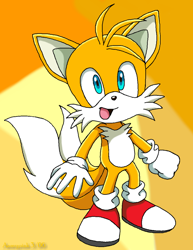Size: 700x905 | Tagged: safe, artist:aamypink, miles "tails" prower, 2006, abstract background, clenched fist, looking offscreen, mouth open, open smile, smile, solo, sonic x style, standing