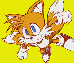 Size: 957x813 | Tagged: safe, artist:rlouis95, miles "tails" prower, 2008, clenched fists, color edit, edit, looking offscreen, mid-air, nike mouth, simple background, sketch, smile, solo, yellow background