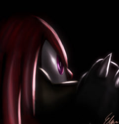 Size: 598x621 | Tagged: safe, artist:default-deviant, knuckles the echidna, 2009, black background, dark, lineless, looking offscreen, signature, simple background, solo