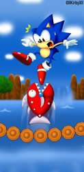Size: 907x1849 | Tagged: safe, artist:jdoesstuff, sonic the hedgehog, green hill zone, sonic the hedgehog (1991), 2011, abstract background, badnik, bridge, chopper, classic sonic, clouds, duo, looking at each other, mid-air, mouth open, robot, sharp teeth, signature, sweatdrop, water