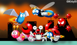 Size: 1753x1034 | Tagged: safe, artist:jdoesstuff, buzz bomber, caterkiller, moto bug, sonic the hedgehog (1991), 2010, abstract background, badnik, bat brain, crabmeat, fangs, fire, flame, group, lineless, orbinaut, robot, scrap brain zone, signature