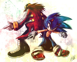 Size: 1280x1024 | Tagged: safe, artist:leons-7, robotnik, sonic the hedgehog, human, 2013, back to back, duo, pointing, signature, smile, standing