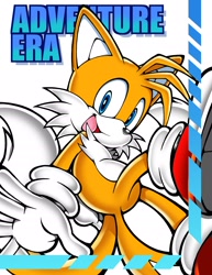 Size: 1497x1940 | Tagged: safe, artist:taikyakichao, miles "tails" prower, sonic adventure, 2025, looking at viewer, mid-air, mouth open, open smile, simple background, smile, solo, text, uekawa style, white background