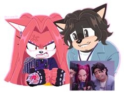 Size: 2048x1536 | Tagged: safe, artist:kanayanga, 2025, angry, barely sonic related, bobby (k-pop demon hunters), clenched teeth, cross popping vein, crossover, duo, frown, holding something, k-pop demon hunters, looking at something, mira (k-pop demon hunters), mobianified, phone, redraw, reference inset, simple background, smile, white background