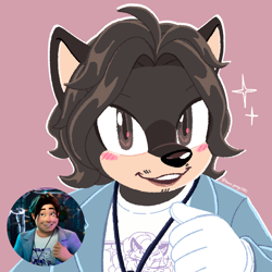 Size: 2048x2048 | Tagged: safe, artist:kanayanga, 2025, barely sonic related, blushing, bobby (k-pop demon hunters), crossover, k-pop demon hunters, mobianified, mouth open, open smile, outline, pink background, quokka, redraw, reference inset, simple background, smile, smiling at viewer, solo, sparkles