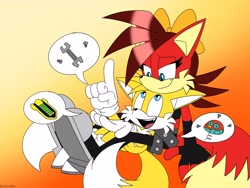 Size: 4000x3000 | Tagged: safe, artist:fartist2020, fiona fox, miles "tails" prower, duo, flat colors, gradient background, screw, speech bubble, talking, wrench