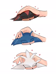 Size: 1536x2048 | Tagged: safe, artist:2fakers, shadow the hedgehog, silver the hedgehog, sonic the hedgehog, cute, disembodied arm, hand, heart, petting, shadowbetes, silvabetes, simple background, sonabetes, white background