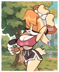 Size: 1690x2048 | Tagged: suggestive, artist:milkchaotea, vanilla the rabbit, 2025, abstract background, busty vanilla, coffee, daytime, drink, eyes closed, headband, holding something, midriff, outdoors, shorts, solo, sports bra, sports shorts