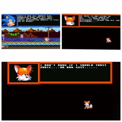 Size: 4096x4096 | Tagged: safe, miles "tails" prower, sonic the hedgehog, oc, oc:exeller, green hill zone, black background, dialogue, life counter, modgen sprites