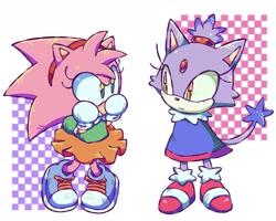 Size: 1873x1498 | Tagged: safe, artist:marimitz, amy rose, blaze the cat, 2025, abstract background, amy x blaze, amy's classic dress, classic amy, classic blaze, covering face, covering mouth, cute, duo, frown, lesbian, looking at each other, poncho, shipping, standing
