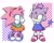 Size: 1873x1498 | Tagged: safe, artist:marimitz, amy rose, blaze the cat, 2025, abstract background, amy x blaze, amy's classic dress, classic amy, classic blaze, covering face, covering mouth, cute, duo, frown, lesbian, looking at each other, poncho, shipping, standing