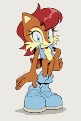 Size: 845x1259 | Tagged: safe, artist:scourgefrontier, sally acorn, 2025, flat colors, grey background, hand on hip, simple background, smile, smiling at viewer, solo