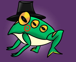 Size: 1130x918 | Tagged: safe, artist:brokeanimations, froggy, frog, 2025, alternate universe, crossover, gradient background, hat, k-pop demon hunters, looking offscreen, solo, sussie (k-pop demon hunters), three eyes, yellow sclera