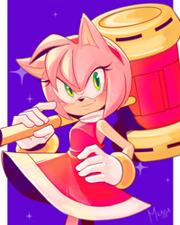 Size: 2000x2500 | Tagged: safe, artist:milaisa-art, amy rose, 2025, amy's halterneck dress, blushing, border, hand on hip, holding something, piko piko hammer, purple background, redraw, signature, simple background, smile, smiling at viewer, solo, sparkles, standing