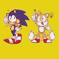 Size: 1080x1080 | Tagged: safe, artist:pyroboxes, miles "tails" prower, sonic the hedgehog, 2025, blushing, cute, duo, exclamation mark, flat colors, lightbulb, looking at viewer, mouth open, open smile, outline, pointing, ring, simple background, smile, smiling at viewer, sonabetes, sparkles, standing, tailabetes, yellow background