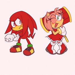 Size: 1080x1080 | Tagged: safe, artist:pyroboxes, amy rose, knuckles the echidna, 2025, alternate version, amybetes, blushing, cute, duo, eye clipping through hair, flat colors, frown, holding something, knucklebetes, looking at viewer, open smile, piko piko hammer, punching, simple background, smile, smiling at viewer, standing, white background, wink