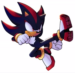 Size: 2048x1988 | Tagged: safe, artist:kobitachuart, shadow the hedgehog, 2025, clenched fists, colored version, frown, kicking, looking offscreen, mid-air, simple background, solo, white background