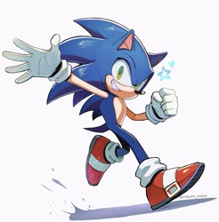 Size: 1985x2020 | Tagged: safe, artist:mayartmaya, sonic the hedgehog, 2025, clenched fist, clenched teeth, looking at viewer, running, shadow (lighting), signature, simple background, smile, smiling at viewer, solo, star (symbol), waving, white background