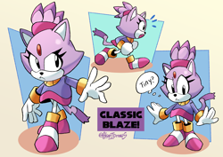 Size: 3508x2480 | Tagged: safe, artist:akarisandraws, blaze the cat, 2024, :<, abstract background, classic blaze, cute, english text, frown, looking at viewer, looking offscreen, poncho, running, shadow (lighting), signature, solo, standing, text, thought bubble, youtube link in description