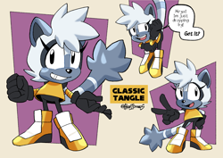 Size: 3508x2480 | Tagged: safe, artist:akarisandraws, tangle the lemur, 2024, black gloves, classic tangle, dialogue, english text, gloves, leggings, looking at viewer, looking offscreen, shirt, shoes, smile, smiling at viewer, solo, speech bubble, standing, text, v sign, youtube link in description