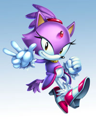 Size: 1024x1287 | Tagged: artist needed, safe, blaze the cat, classic blaze, classic style, clenched fist, gradient background, lineless, looking at viewer, mid-air, smile, smiling at viewer, solo, v sign