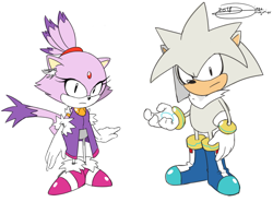 Size: 1084x804 | Tagged: safe, artist:fastrpinch, blaze the cat, silver the hedgehog, 2018, classic blaze, classic silver, duo, ear fluff, flat colors, frown, long gloves, looking at viewer, signature, simple background, standing, white background