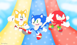 Size: 3316x1964 | Tagged: safe, artist:harmonybunny2022, knuckles the echidna, miles "tails" prower, sonic the hedgehog, sonic heroes, 2025, abstract background, flat colors, looking at viewer, mid-air, mouth open, open smile, posing, redraw, smile, smiling at viewer, sparkles, team sonic, trio