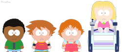 Size: 1940x833 | Tagged: safe, artist:harmonybunny2022, chris thorndyke, human, 2025, crossover, danny, dark skin, disabled, flat colors, frances, frown, group, helen, looking at viewer, simple background, sitting, sonic x, south park, standing, style emulation, transparent background, wheelchair
