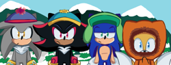 Size: 1411x534 | Tagged: safe, artist:chocolatedonut8585, miles "tails" prower, shadow the hedgehog, silver the hedgehog, sonic the hedgehog, 2023, abstract background, beanie, coat, crossover, daytime, eric cartman, frown, group, hat, hood, hood up, kenny mccormick, kyle broflovski, lidded eyes, looking at viewer, mountain, outdoors, pine tree, snow, south park, stan marsh, tan skin, tree