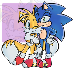 Size: 745x685 | Tagged: safe, artist:chocolatedonut8585, miles "tails" prower, sonic the hedgehog, 2020, arm around shoulders, duo, echo background, hand on arm, hand on hip, looking at viewer, looking offscreen, smile, smiling at viewer, standing, wink