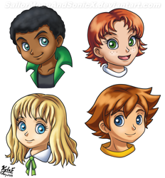 Size: 2117x2283 | Tagged: safe, artist:sailormoonandsonicx, chris thorndyke, human, 2015, danny, dark skin, frances, group, headshot, helen, mouth open, signature, simple background, smile, smiling at viewer, sonic x, white background
