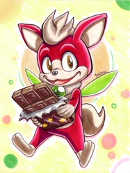 Size: 1800x2401 | Tagged: safe, artist:sailormoonandsonicx, chip, 2025, abstract background, chocolate, chocolate bar, flying, food, holding something, mid-air, mouth open, paws, signature, smile, smiling at viewer, solo