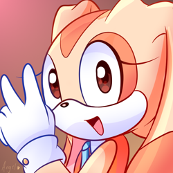 Size: 800x800 | Tagged: safe, artist:angelrosestar, cream the rabbit, 2023, backwards v sign, gradient background, mouth open, open smile, smiling at viewer, solo, v sign