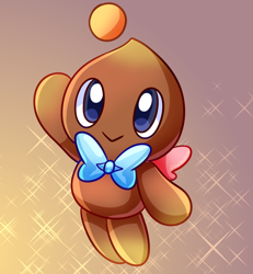 Size: 1200x1300 | Tagged: safe, artist:angelrosestar, chocola (chao), chao, 2025, :>, chocolabetes, gradient background, hand up, looking offscreen, neutral chao, smile, solo, sparkles, waving