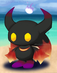 Size: 1039x1312 | Tagged: safe, artist:duckydeathly, chao, 2025, abstract background, beach, dark chao, dark chaos chao, daytime, fire, flame, looking offscreen, ocean, outdoors, signature, solo, standing, water, watermark