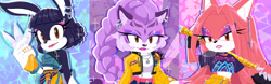 Size: 2400x750 | Tagged: safe, artist:kanayanga, fox, rabbit, 2025, abstract background, barely sonic related, crossover, echo background, holding something, huntr/x, k-pop demon hunters, lidded eyes, looking at viewer, mira (k-pop demon hunters), mobianified, outline, rumi (k-pop demon hunters), smile, tiger, trio, weapon, zoey (k-pop demon hunters)