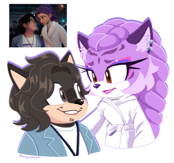 Size: 2048x1929 | Tagged: safe, artist:kanayanga, 2025, barely sonic related, bobby (k-pop demon hunters), crossover, duo, k-pop demon hunters, looking at each other, mobianified, quokka, redraw, reference inset, rumi (k-pop demon hunters), simple background, smile, smiling at each other, tiger, white background