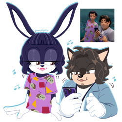 Size: 2048x2048 | Tagged: safe, artist:kanayanga, rabbit, 2025, barely sonic related, bobby (k-pop demon hunters), crossover, dancing, duo, holding something, k-pop demon hunters, looking at something, mobianified, musical note, musical notes, outline, phone, quokka, redraw, reference inset, simple background, white background, zoey (k-pop demon hunters)