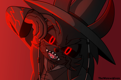 Size: 3024x2000 | Tagged: safe, artist:thewerewolven, oc, oc:wolfbane, wolf, 2025, black sclera, crossover, demon markings, fangs, glowing eyes, gradient background, jinu (k-pop demon hunters), k-pop demon hunters, lidded eyes, looking up, looking up at viewer, mouth open, oc only, open smile, redraw, signature, smile, smiling at viewer, solo, standing