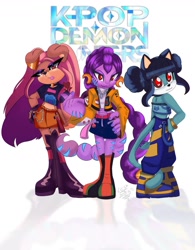Size: 1061x1360 | Tagged: safe, artist:butchlcsbuttercup, cat, rabbit, 2025, barely sonic related, crossover, english text, frown, huntr/x, k-pop demon hunters, looking at viewer, mira (k-pop demon hunters), mobianified, rumi (k-pop demon hunters), scorpion, simple background, smile, standing, text, trio, white background, zoey (k-pop demon hunters)