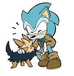 Size: 830x861 | Tagged: safe, artist:simonsoys, uncle chuck, dog, hedgehog, 2013, crossover, cute, duo, eyes closed, flat colors, herdier, jacket, petting, pokemon, simple background, smile, transparent background