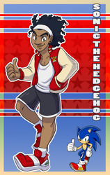 Size: 814x1286 | Tagged: safe, artist:simonsoys, sonic the hedgehog, human, 2013, abstract background, character name, dark skin, hand in pocket, humanized, jacket, looking at viewer, outline, redraw, reference inset, shirt, shorts, smile, solo, text, thumbs up