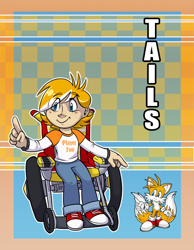 Size: 626x807 | Tagged: safe, artist:simonsoys, miles "tails" prower, human, 2013, abstract background, character name, child, disabled, eye clipping through hair, eyebrow clipping through hair, humanized, jeans, looking offscreen, outline, pants, pointing, redraw, reference inset, shirt, shoes, sitting, smile, solo, text, wheelchair, words on a shirt