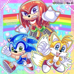 Size: 3840x3840 | Tagged: safe, artist:mandyyydraws, knuckles the echidna, miles "tails" prower, sonic the hedgehog, 2025, abstract background, chibi, clenched teeth, eyestrain, heart, looking at viewer, mouth open, open smile, outline, rainbow, signature, smile, sparkles, team sonic, trio
